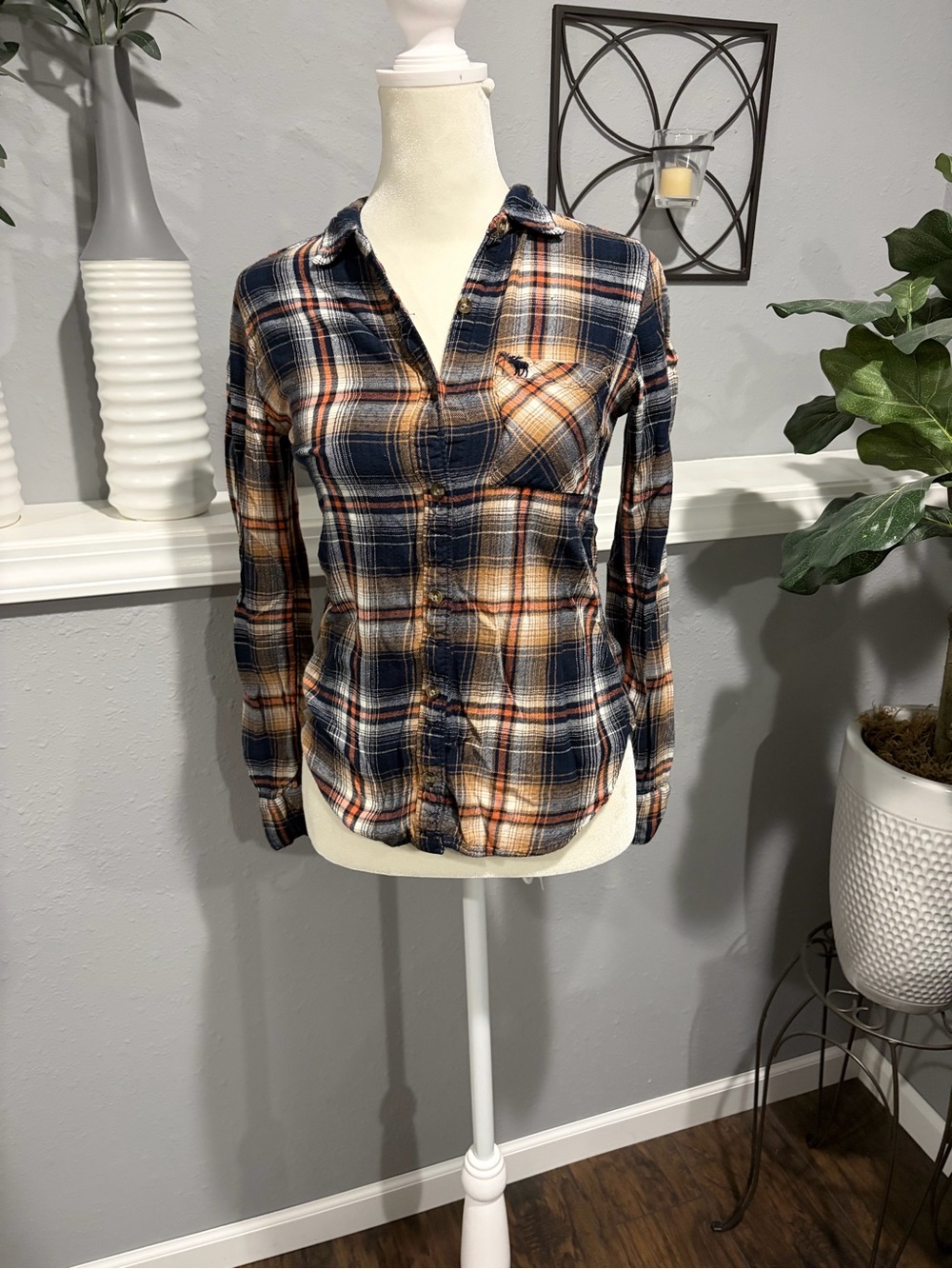Abercrombie & Fitch Navy, Tan and Cream Plaid Button-Down Shirt